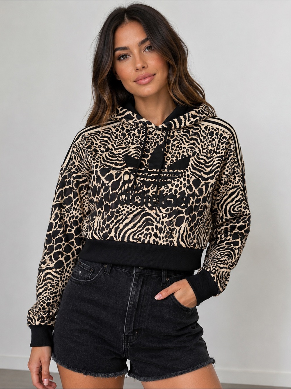 adidas Black & Cream Animal Print Cropped Hoodie